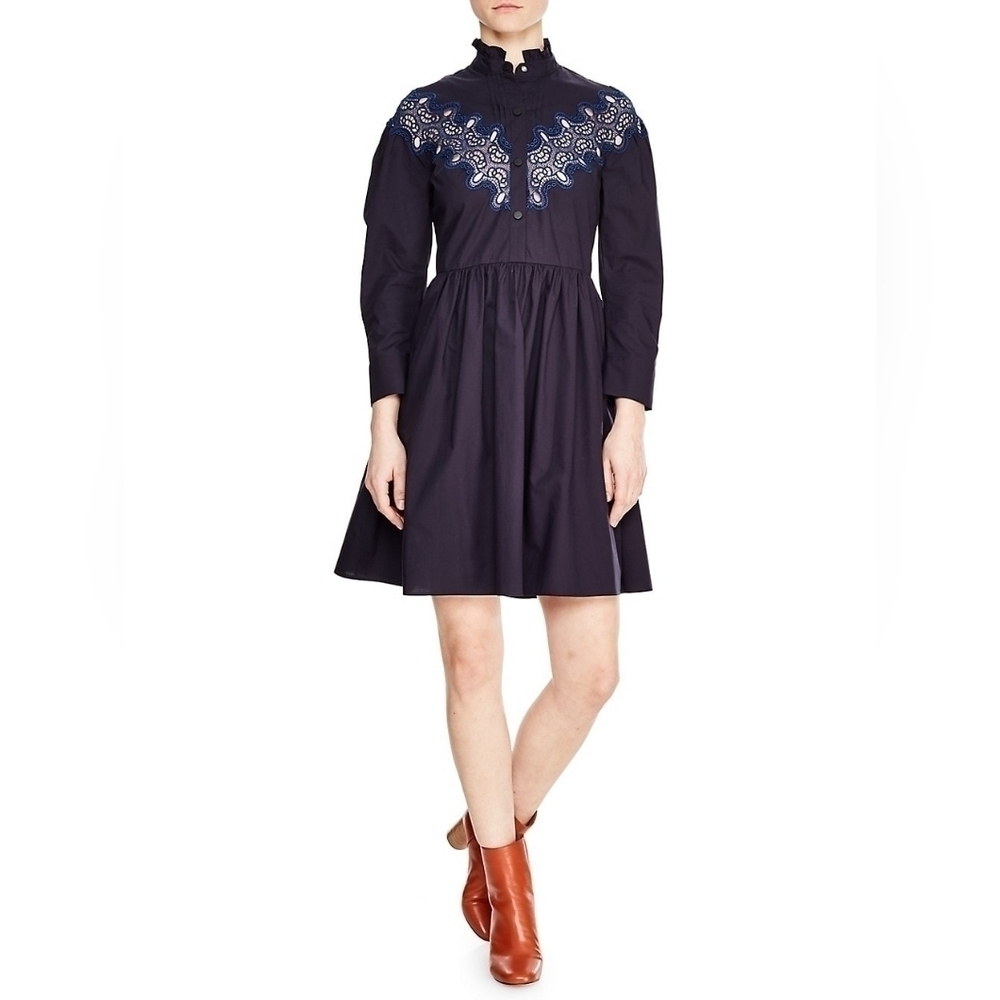 Sandro  Laura Guipure Lace-Trimmed Cotton-Poplin Mini Dress - Midnight B… - Picture 2 of 15